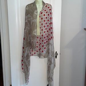 Vivante by VSA cream & tan tropical leaves with red flowers large scarf/wrap
